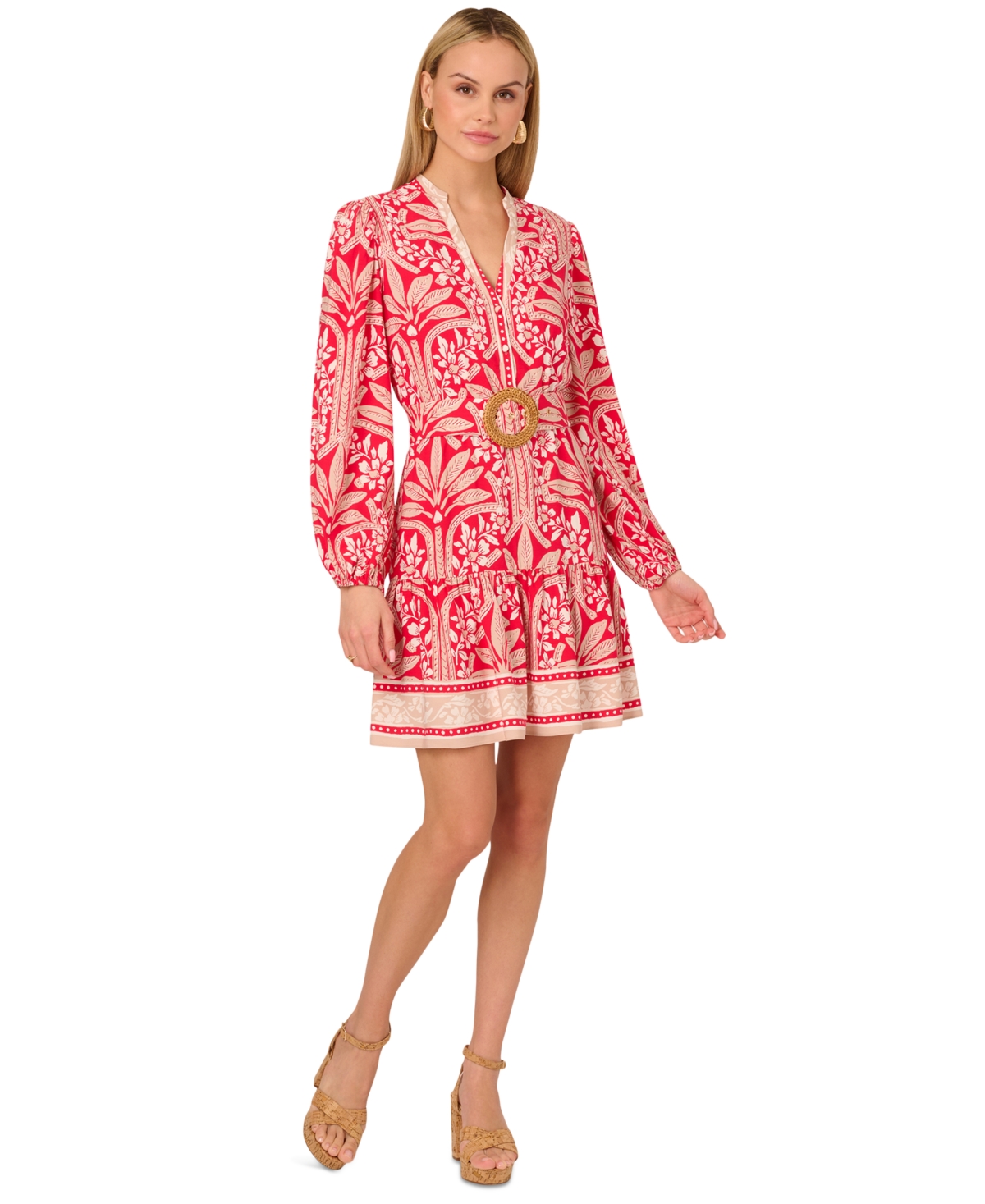 by Adrianna Papell Women's Belted Split-Neck Dress - Red/ivory