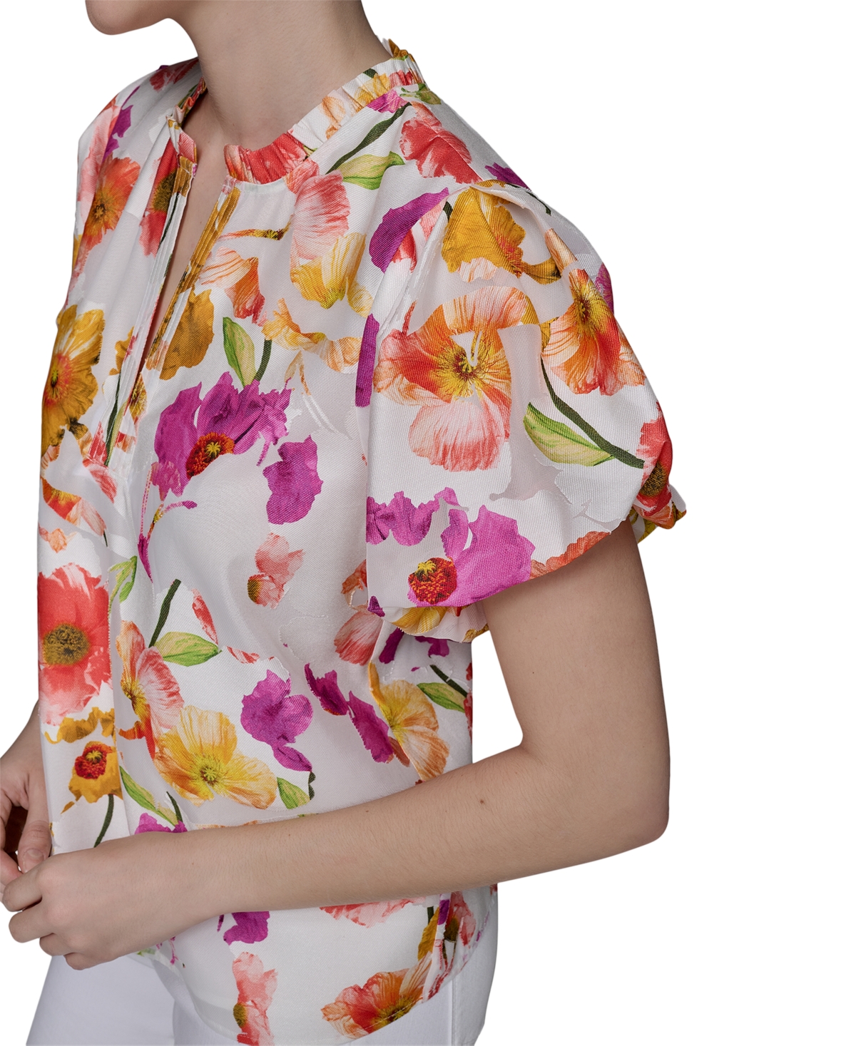 KARL LAGERFELD PETITE FLORAL-PRINT FLUTTER-SLEEVE TOP 