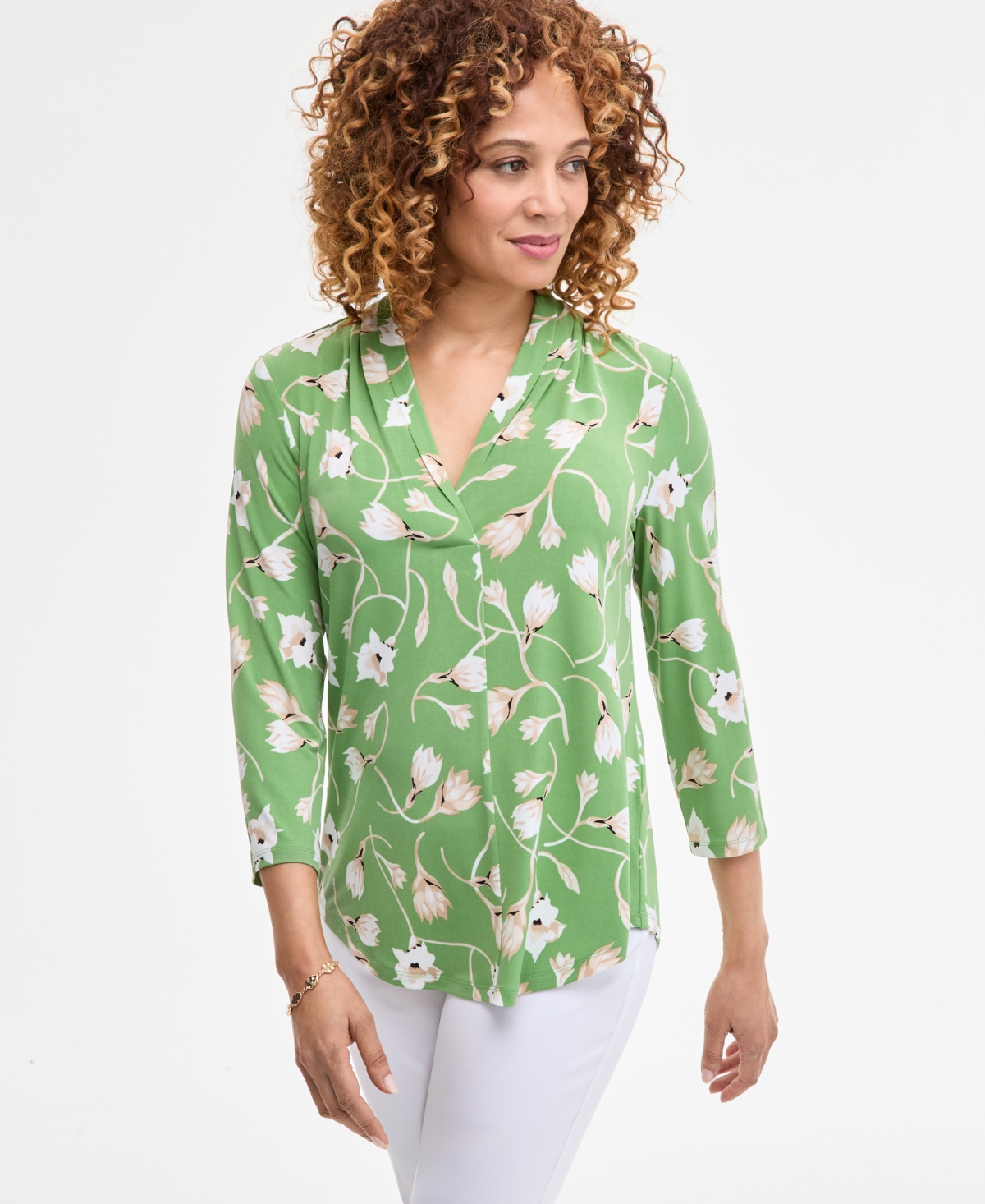 Women's Printed 3/4 Sleeve V-Neck Knit Top, Exclusively at Macy's - Green Frond Combo