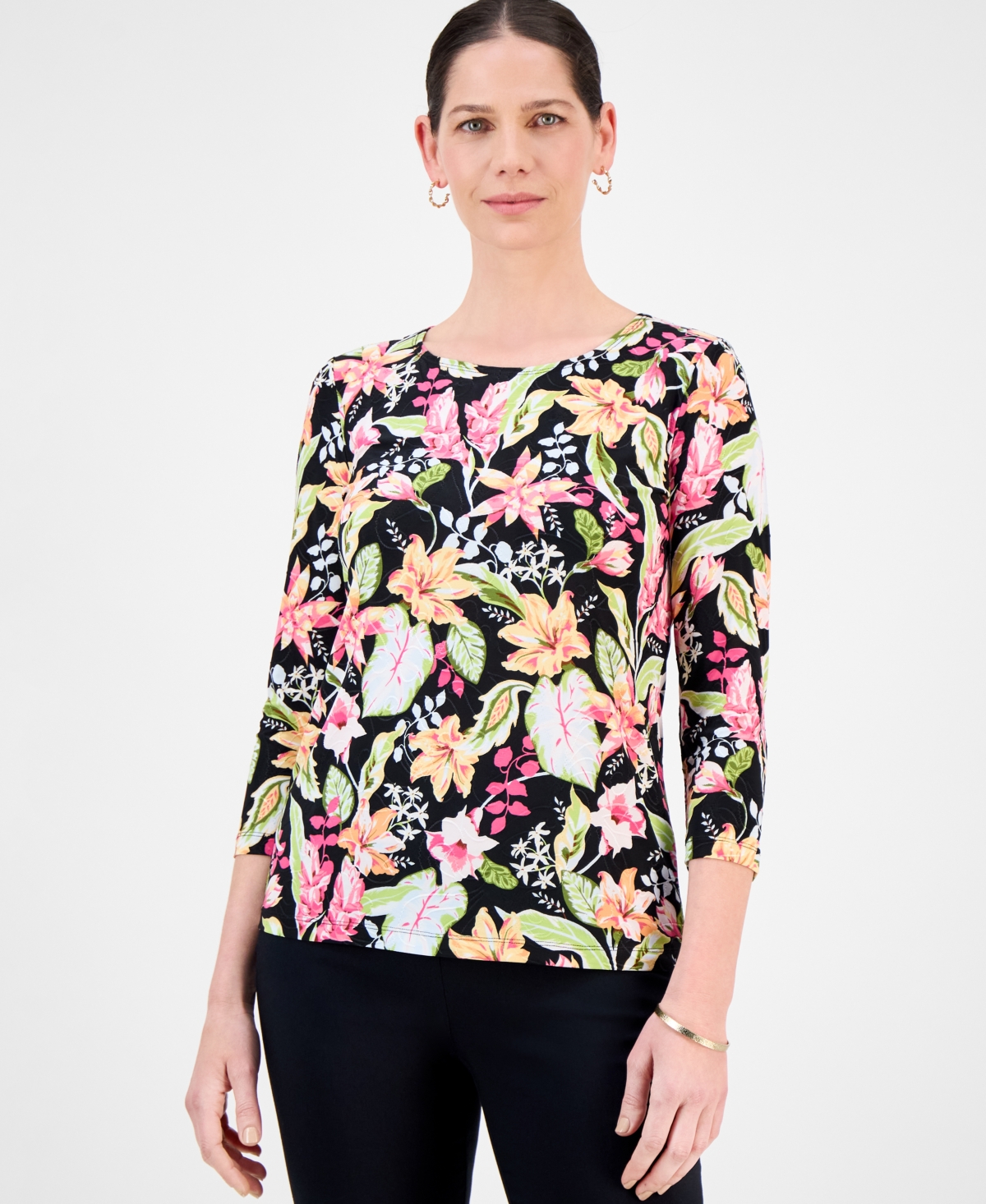 Jm Collection Women's Printed 3/4-Sleeve Top, Exclusively at Macy's