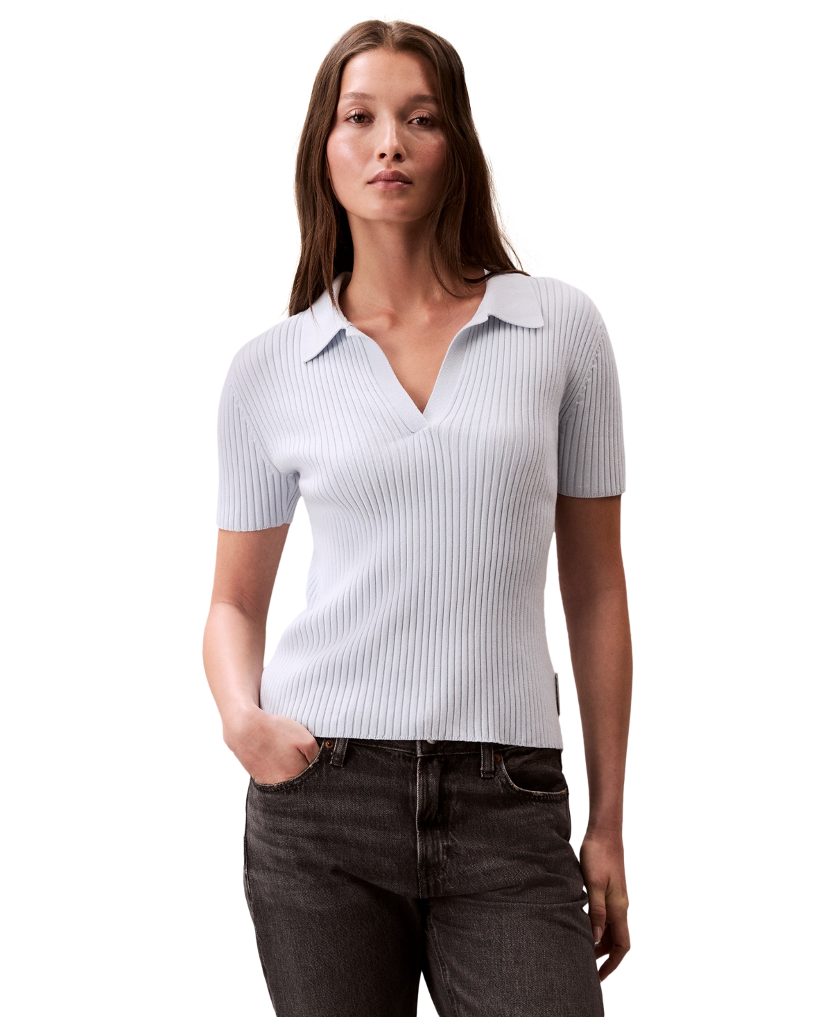 Women's Cotton Ribbed Monogram-Logo Polo Top - Plein Air