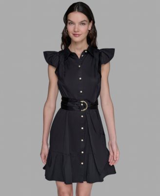 Женское платье с развевающимися рукавами и воланами на поясе от КАРЛА ЛАГЕРФЕЛЬДА в ПАРИЖЕ