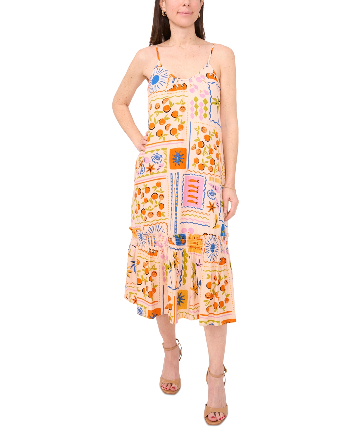 Petite Printed Smocked-Hem Midi Dress - Daylily