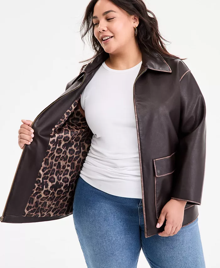 Plus Size Zip-Front Faux-Leather Coat - thumbnail 5