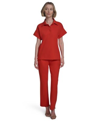 Halston Womens Compression Short Sleeve Polo Top Low Rise Straight Leg Hardware Pants