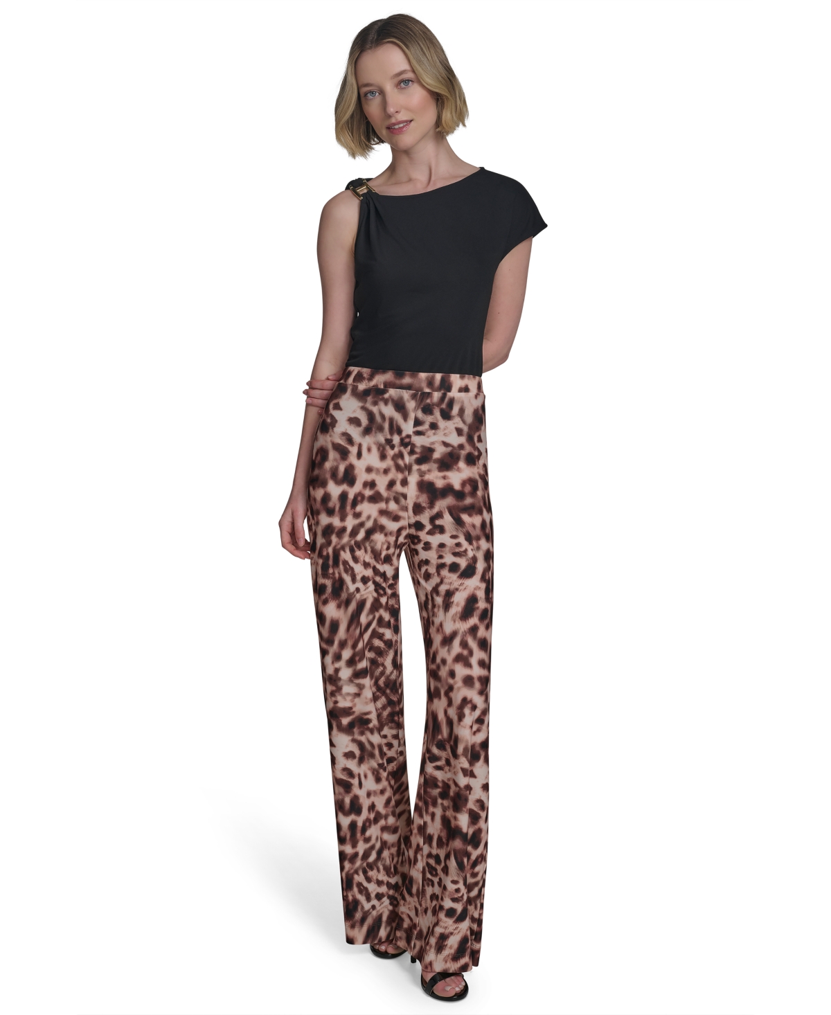 Halston Women's Printed Mid-rise Wide-leg Pull-on Pants In Brown