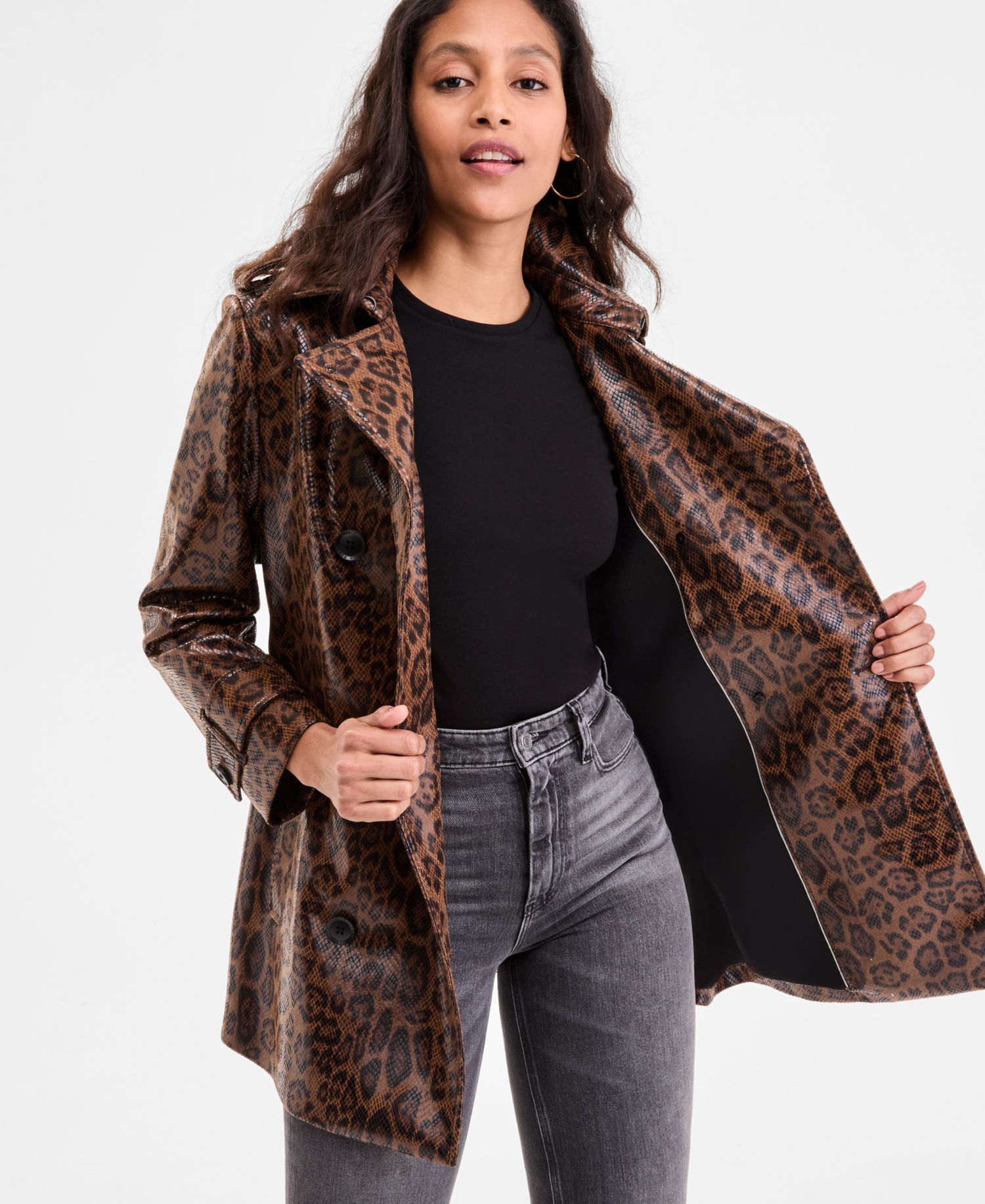 Petite Double-Breasted Faux-Leather Belted Trench Coat