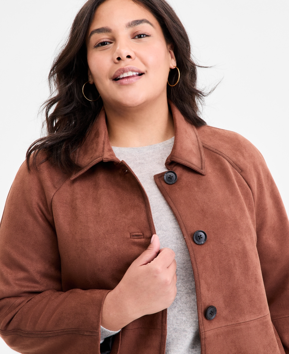 Bcbgmaxazria Plus Size Button-front Faux-suede Jacket In Brown
