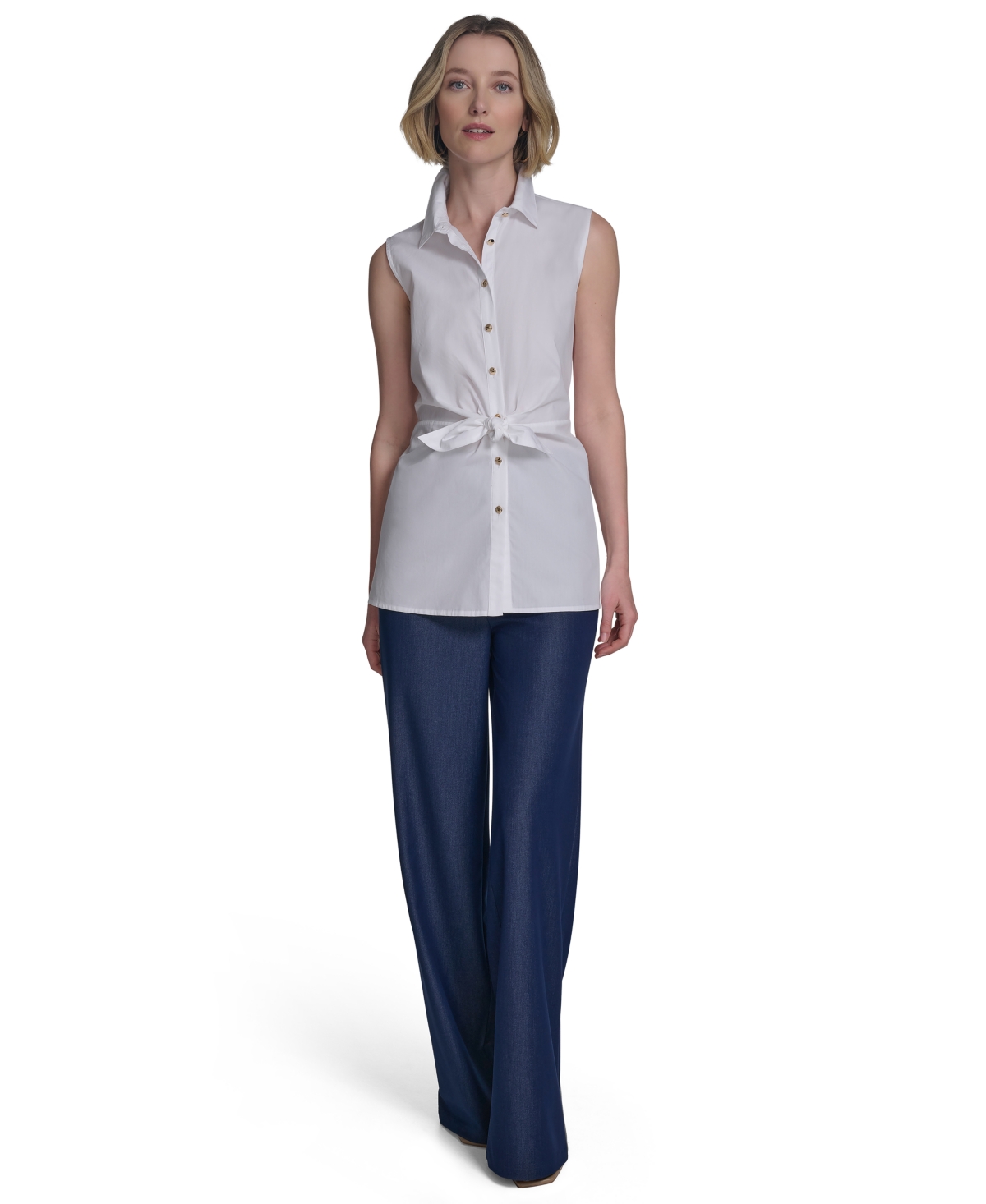 Shop Halston Women's Cotton Tie-waist Button-front Sleeveless Blouse
