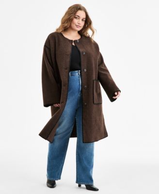 Plus Size Button-Front Edge-Stitch Scarf Coat