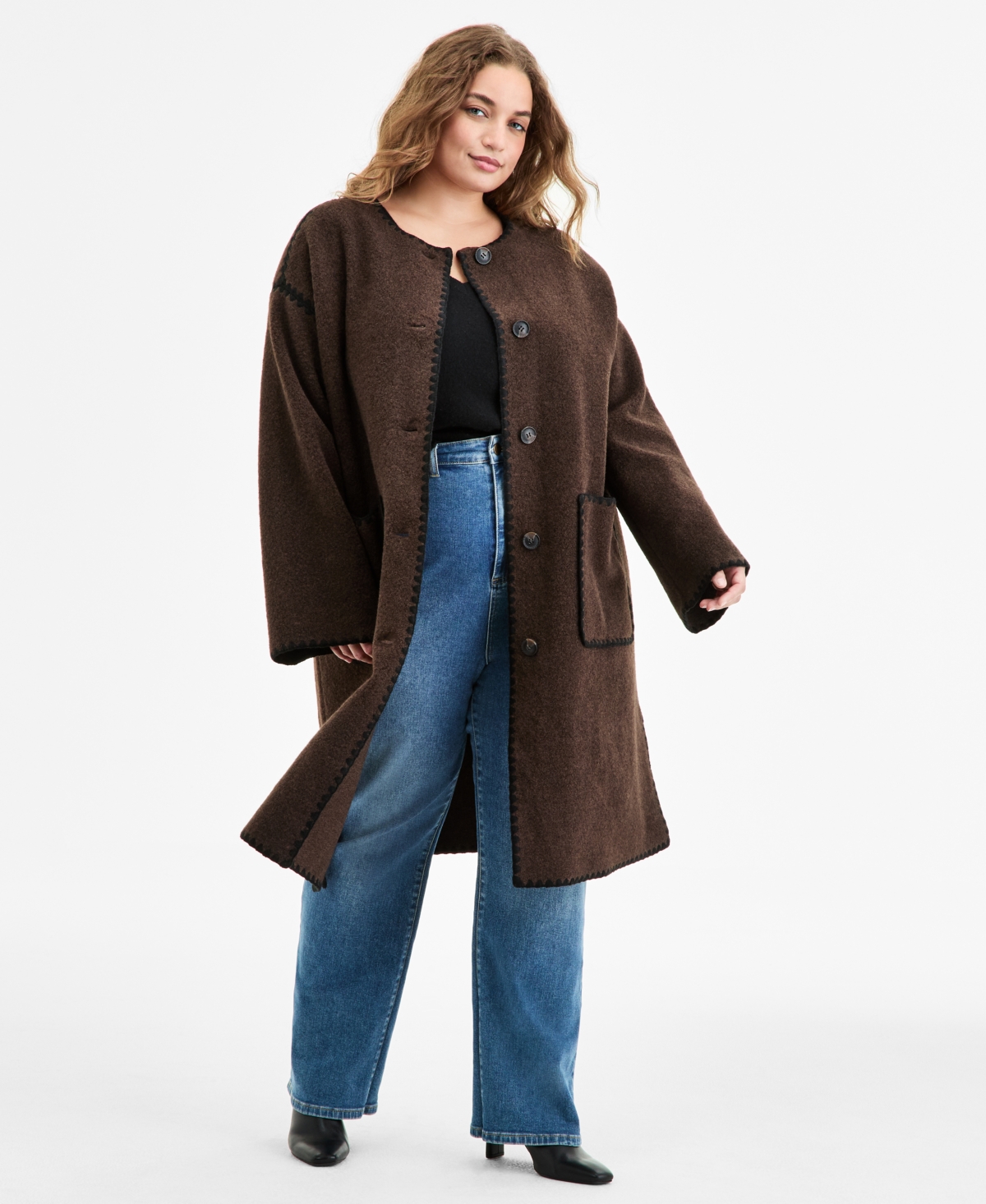 Bcbgmaxazria Plus Size Button-front Edge-stitch Scarf Coat In Brown