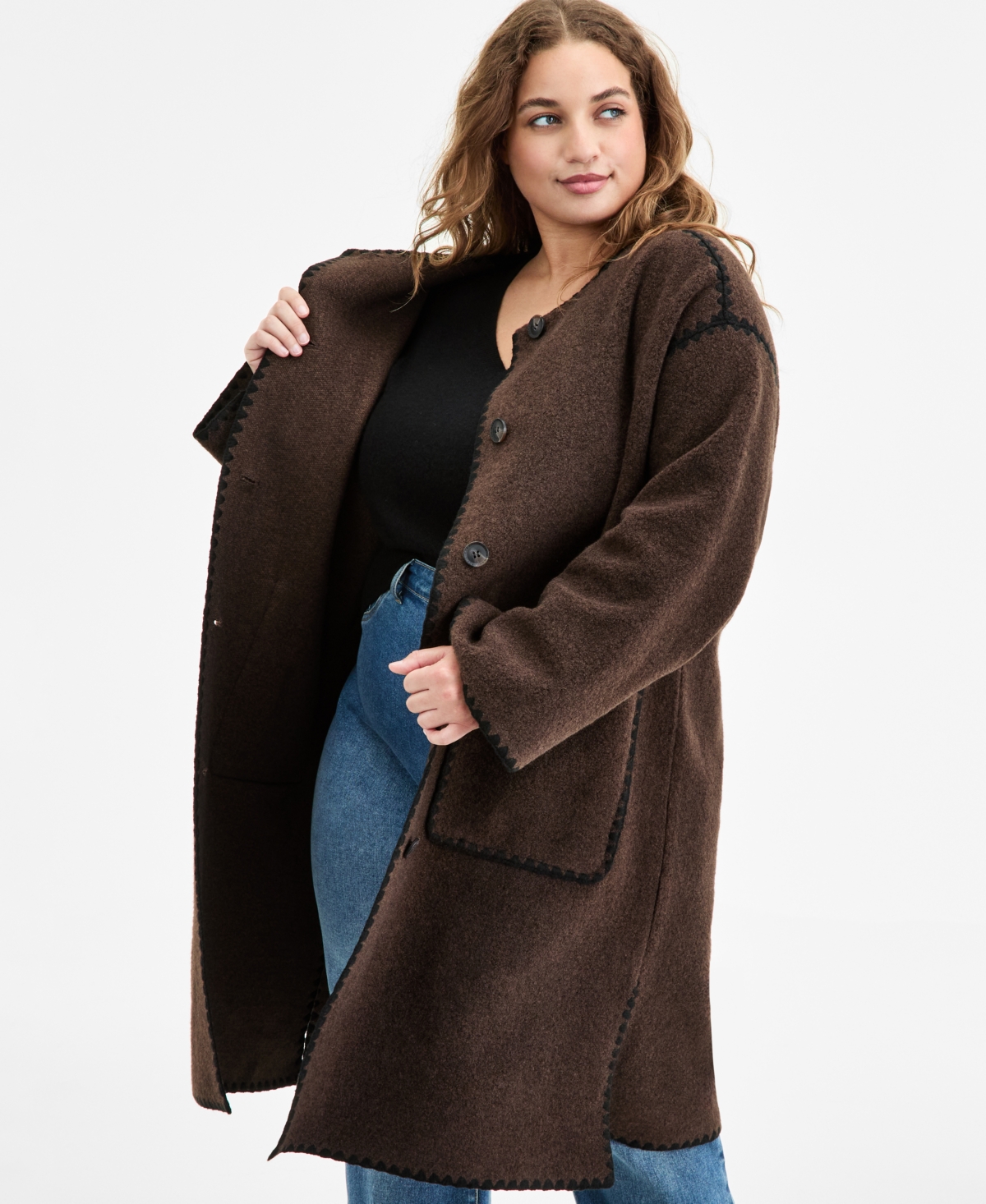 Bcbgmaxazria Plus Size Button-front Edge-stitch Scarf Coat In Brown
