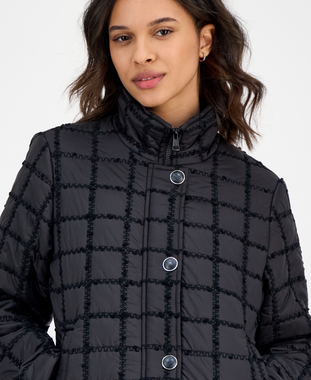 Cece Women's Short Boucle Windowpane Quilted Coat In Black