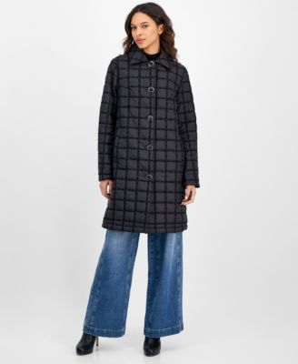 Women's Long Boucl&eacute; Windowpane Quilted Coat