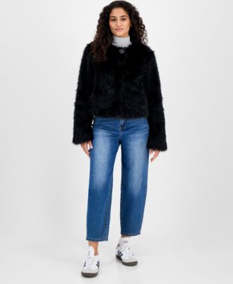 CeCe - Women's Collarless Short Faux-Fur Coat