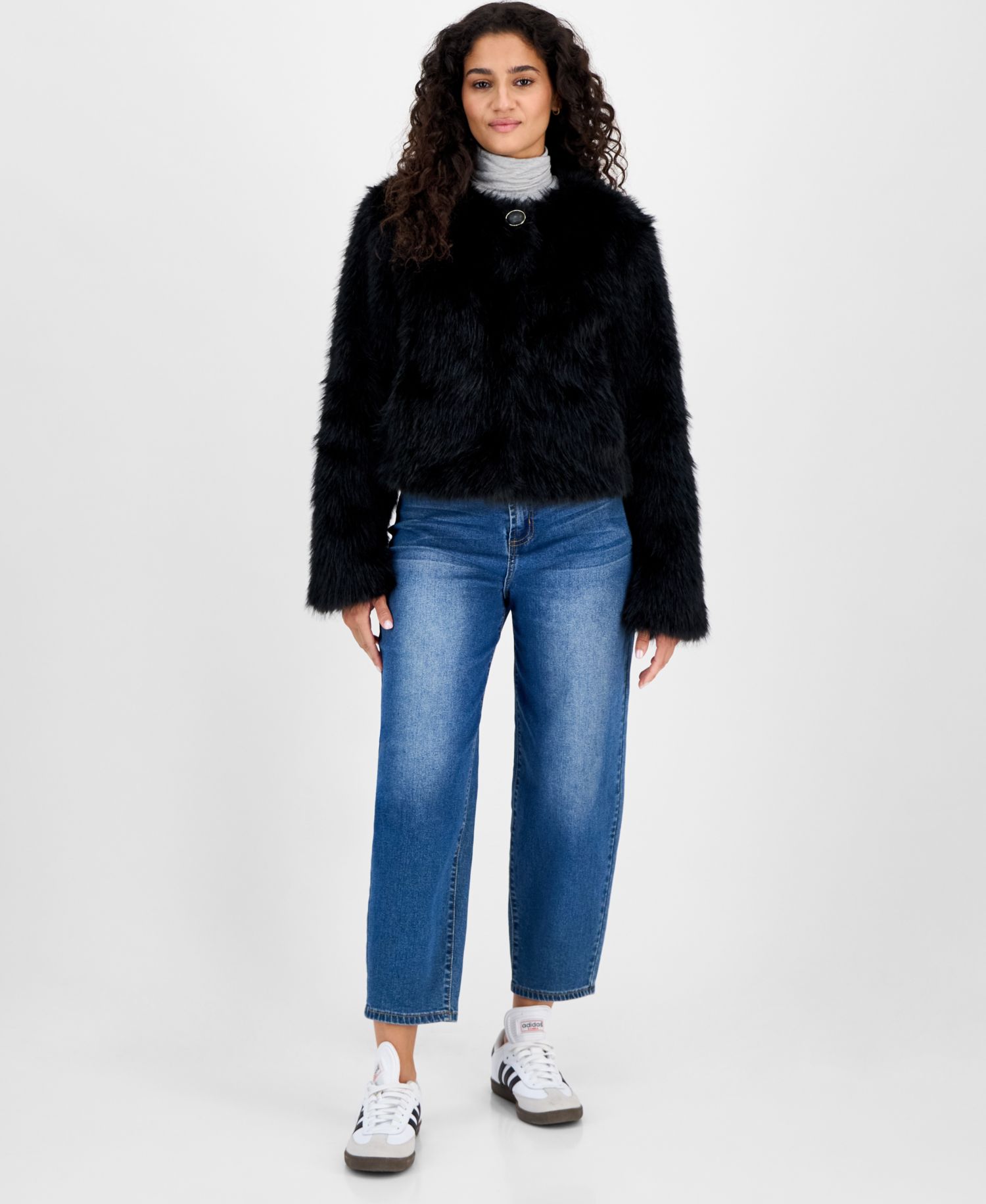 Women's Collarless Short Faux-Fur Coat