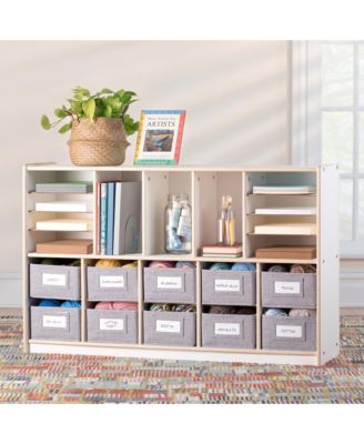 EdQ Shelves and 10 Bin Storage Unit 30" Natural: Wooden Bookcase with Compartments for Kids' Toys and Books in Playroom