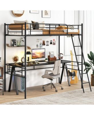 Twin Size Loft Bed Metal Bed Frame with Ladder and Guardrails