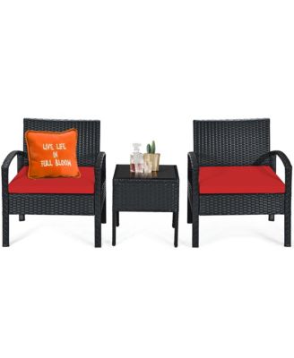 3PCS Patio Rattan Furniture Set Coffee Table & Chairs Set with Seat Cushions Garden
