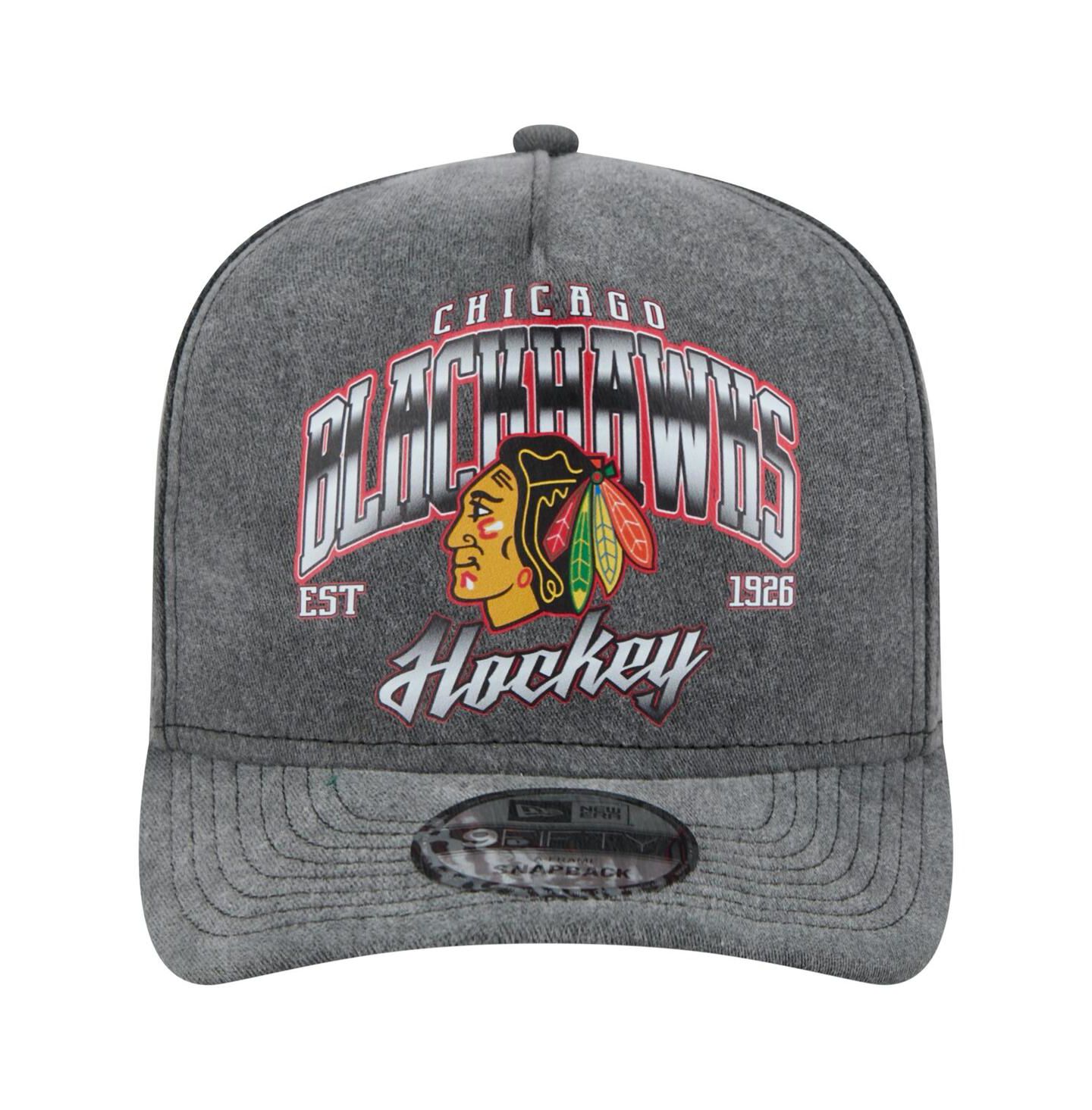 Мужская кепка New Era Charcoal Chicago Blackhawks Throwback Washed A-Frame Pre-Curved 9FIFTY Snapback Hat — фото 2