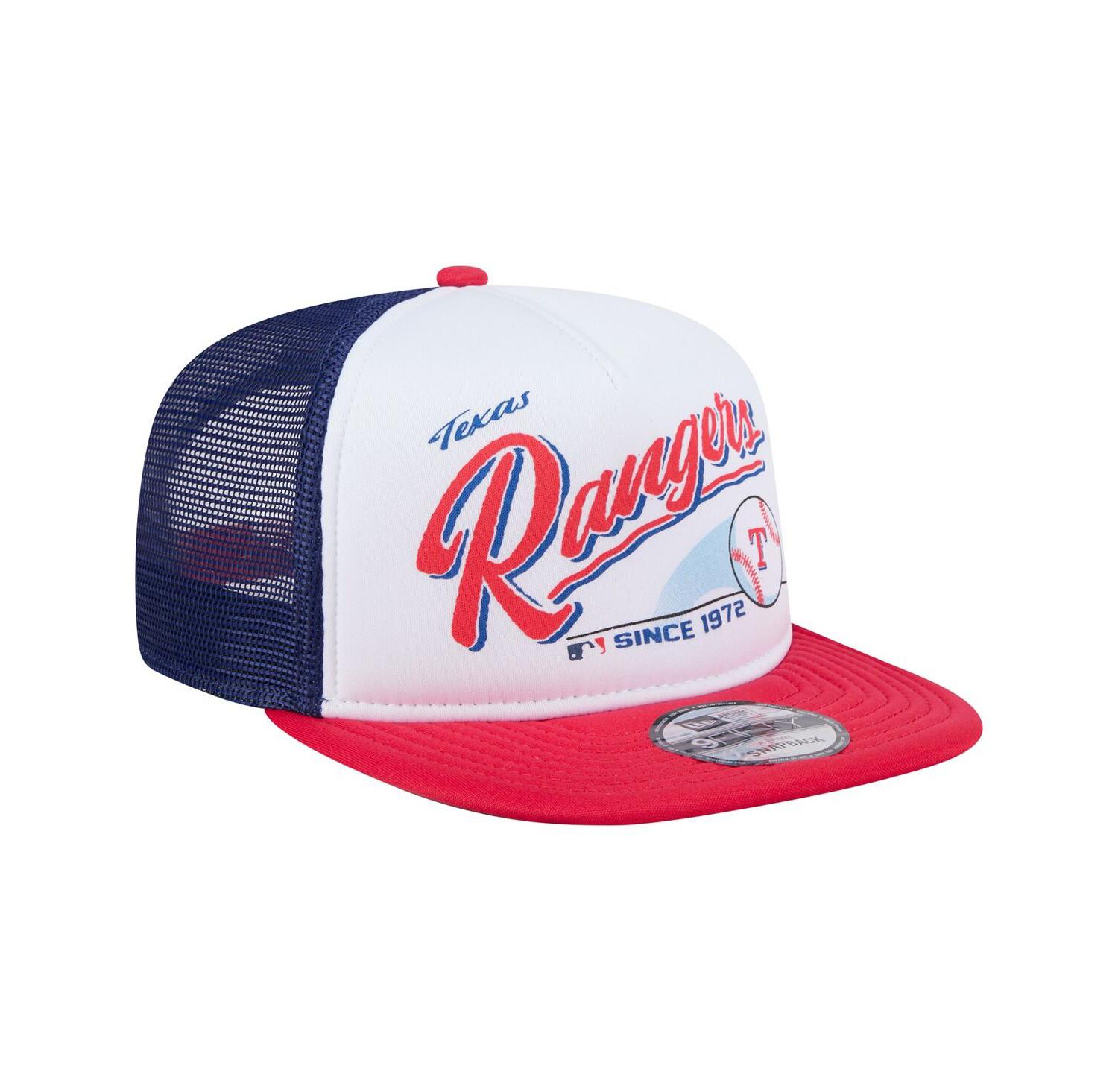 Men's White/Red Texas Rangers Retro Script Trucker 9FIFTY Snapback Hat