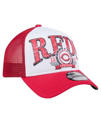 Men's White/Red Cincinnati Reds Distressed 9FORTY A-Frame Adjustable Trucker Hat