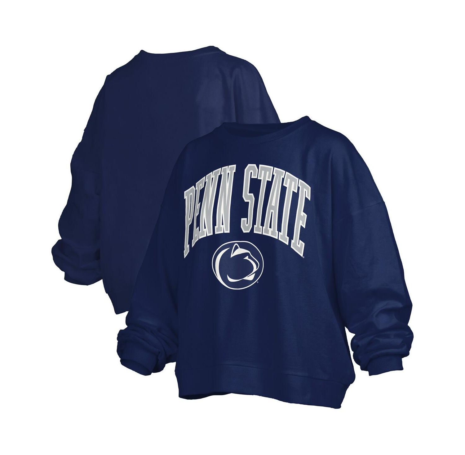 Women's Navy Penn State Nittany Lions Janise Arch Over Logo Waist Length Oversized Pullover Sweatshirt