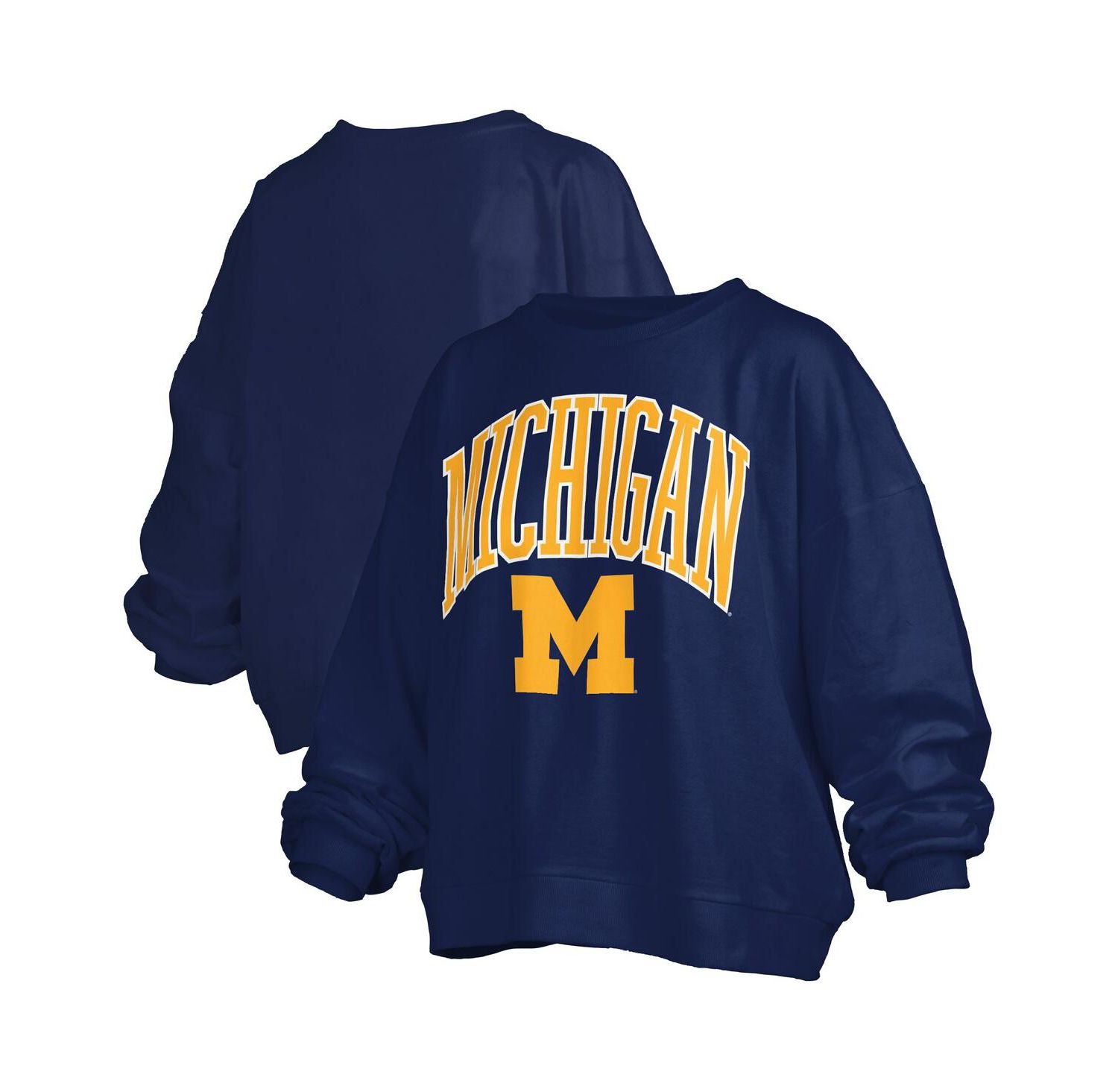 Women's Navy Michigan Wolverines Janise Arch Over Logo Waist Length Oversized Pullover Sweatshirt