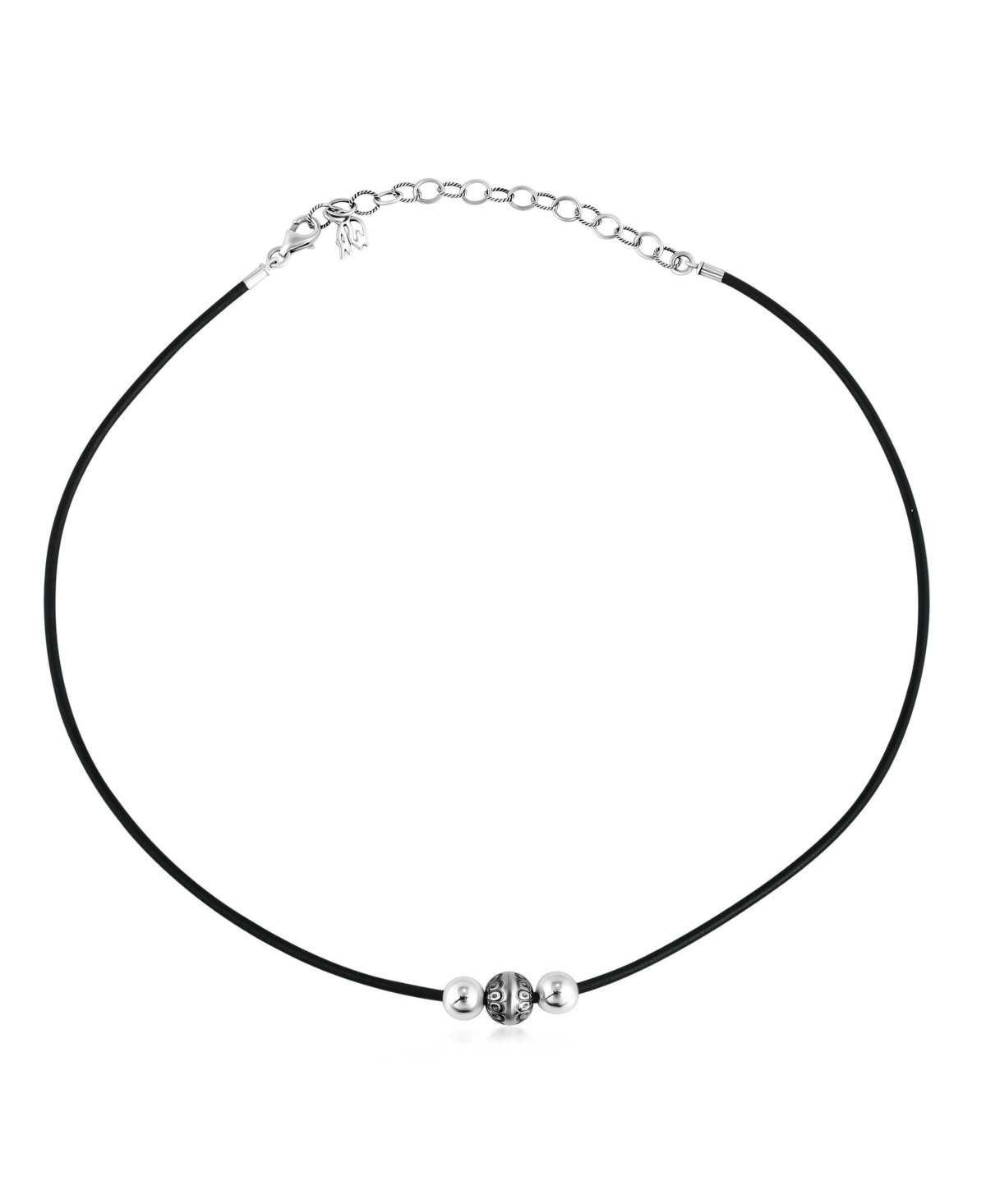 Sterling Silver Black Leather 3 Bead Necklace, 17 to 20 Inches