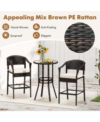 3 Pc Wicker Tempered Glass Patio Bar Set with Armchairs & Round Table
