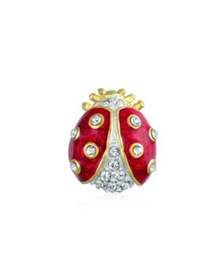 Set of 2 Red Ladybug Crystal Brooch Pins in Gold Plated Enamel