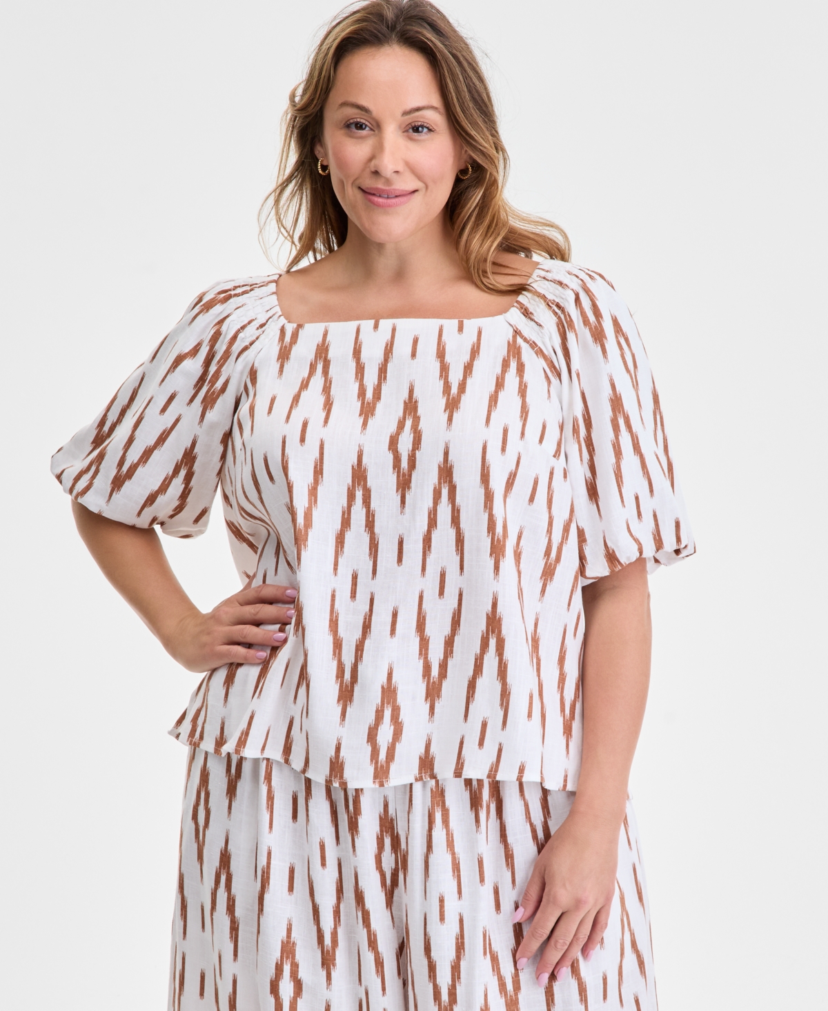 Plus Size Printed Square-Neck Short Sleeve Blouse - Argan Oil