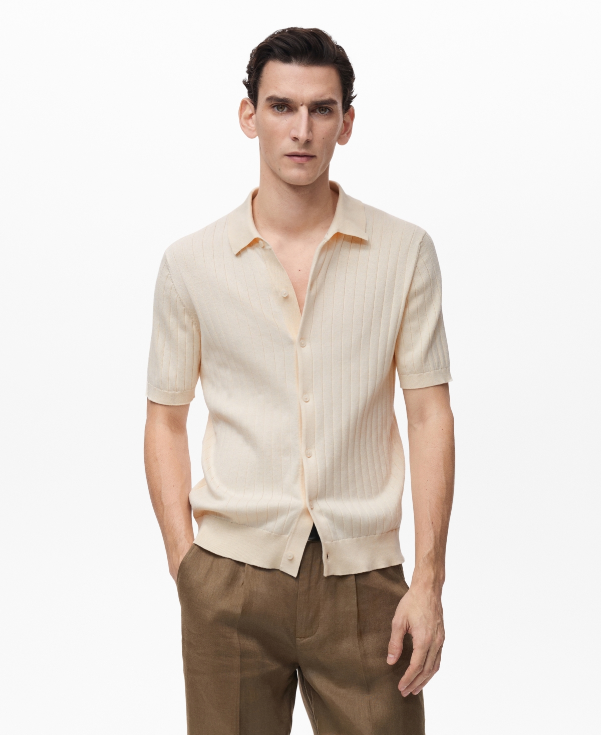Men's Slim-Fit Fine Rib-Knit Shirt - Ivory White