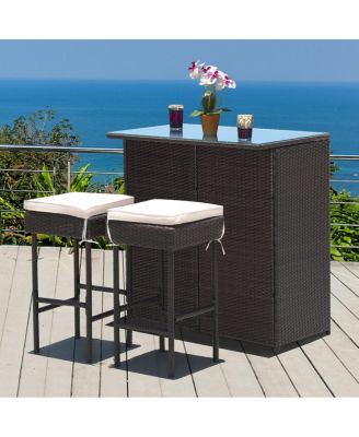 3PCS Patio Rattan Wicker Bar Table Stools Dining Set Cushioned