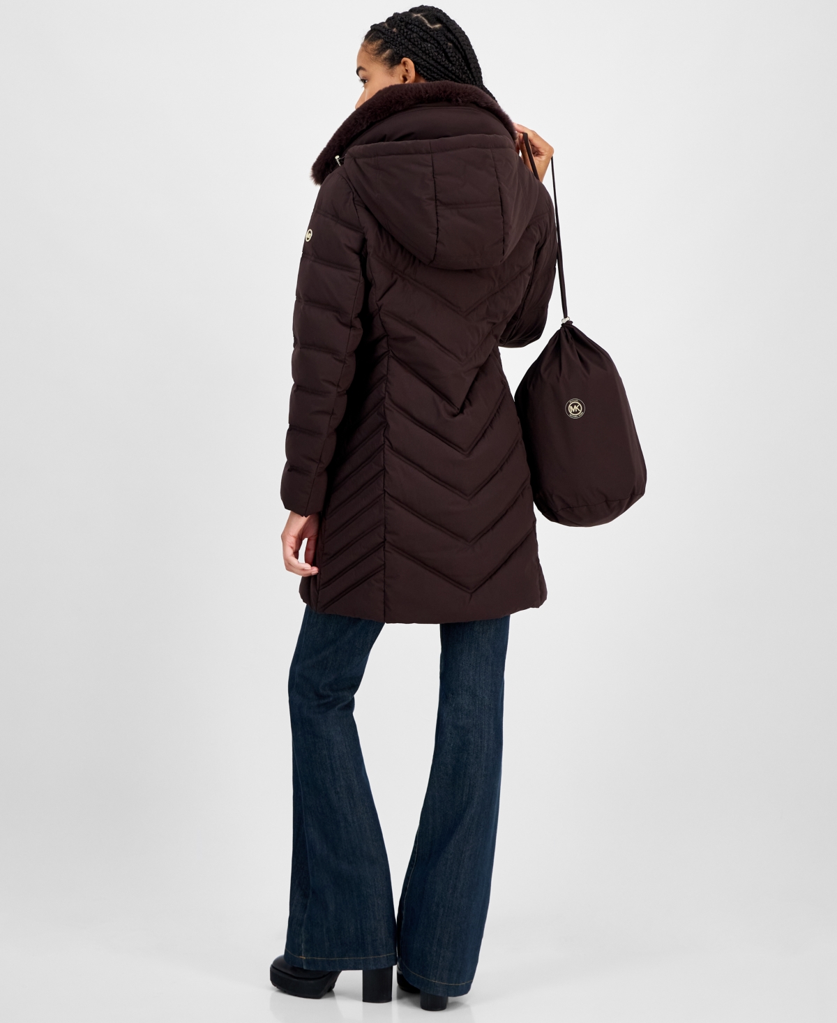 Michael Kors Michael  Women's Faux-fur-trim Hooded Puffer Coat In Brown