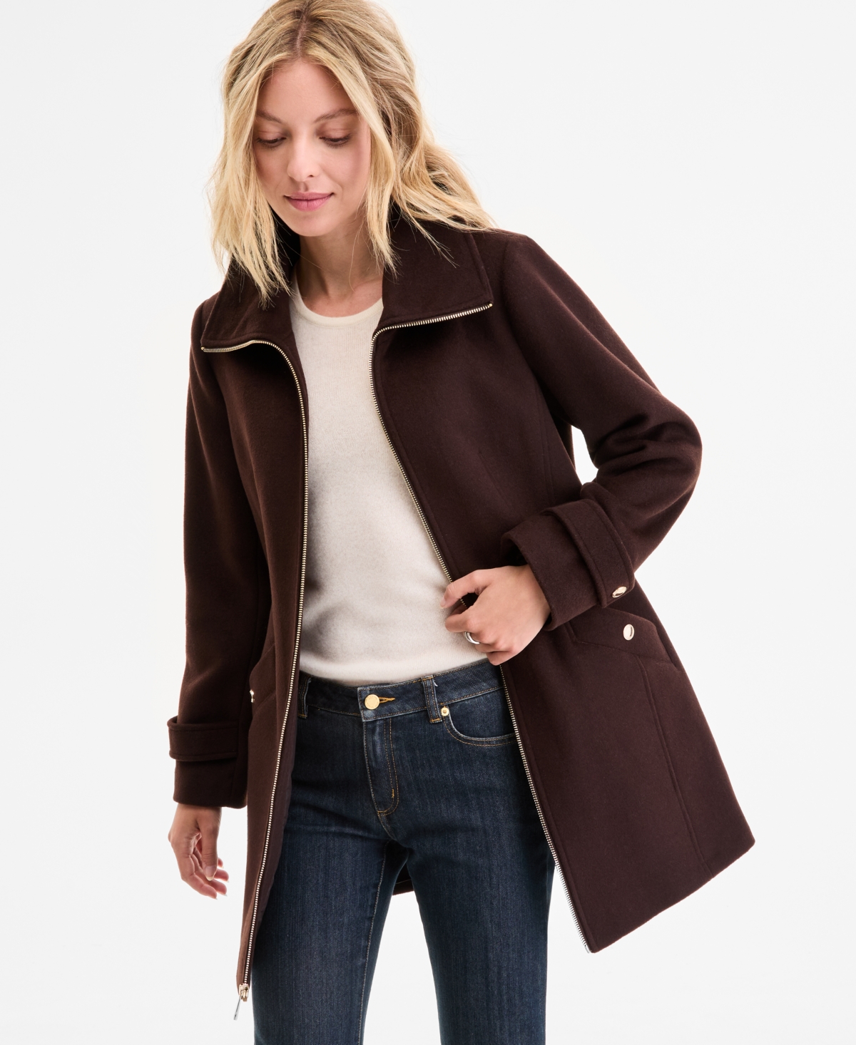Michael Kors Michael  Women's Collared Zip-front Coat In Brown