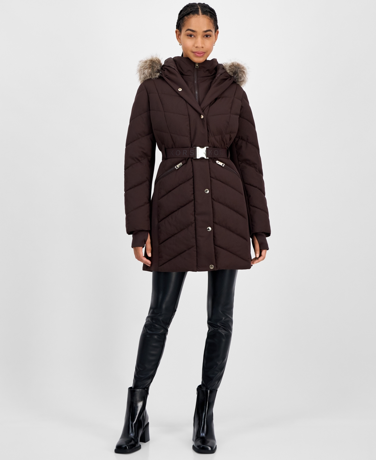 Michael Kors Michael  Women's Faux-fur-trim Hooded Belted Puffer Coat In Brown