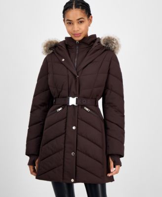 Women's Faux-Fur-Trim Hooded Belted Puffer Coat