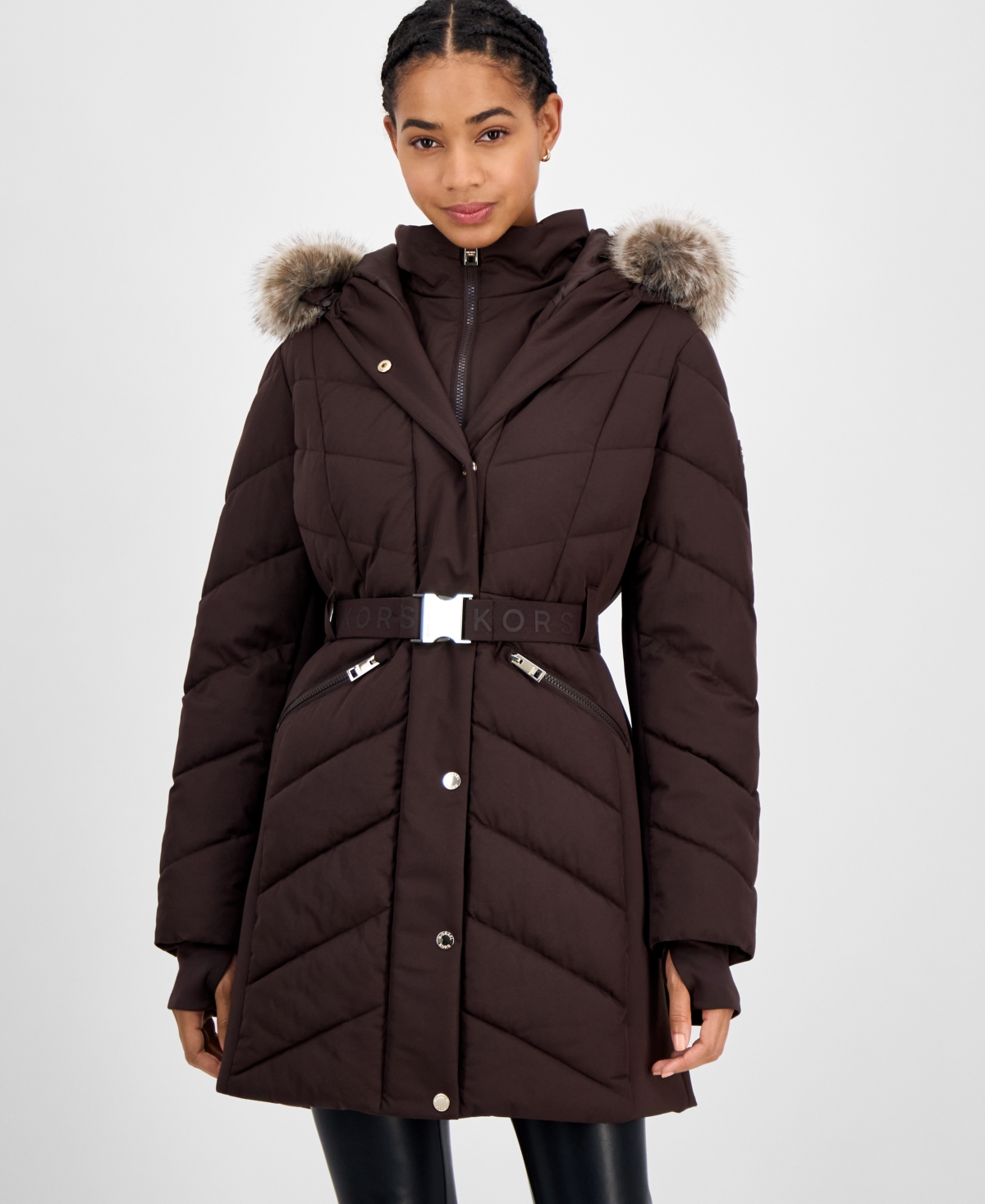 Michael Kors Michael  Women's Faux-fur-trim Hooded Belted Puffer Coat In Brown