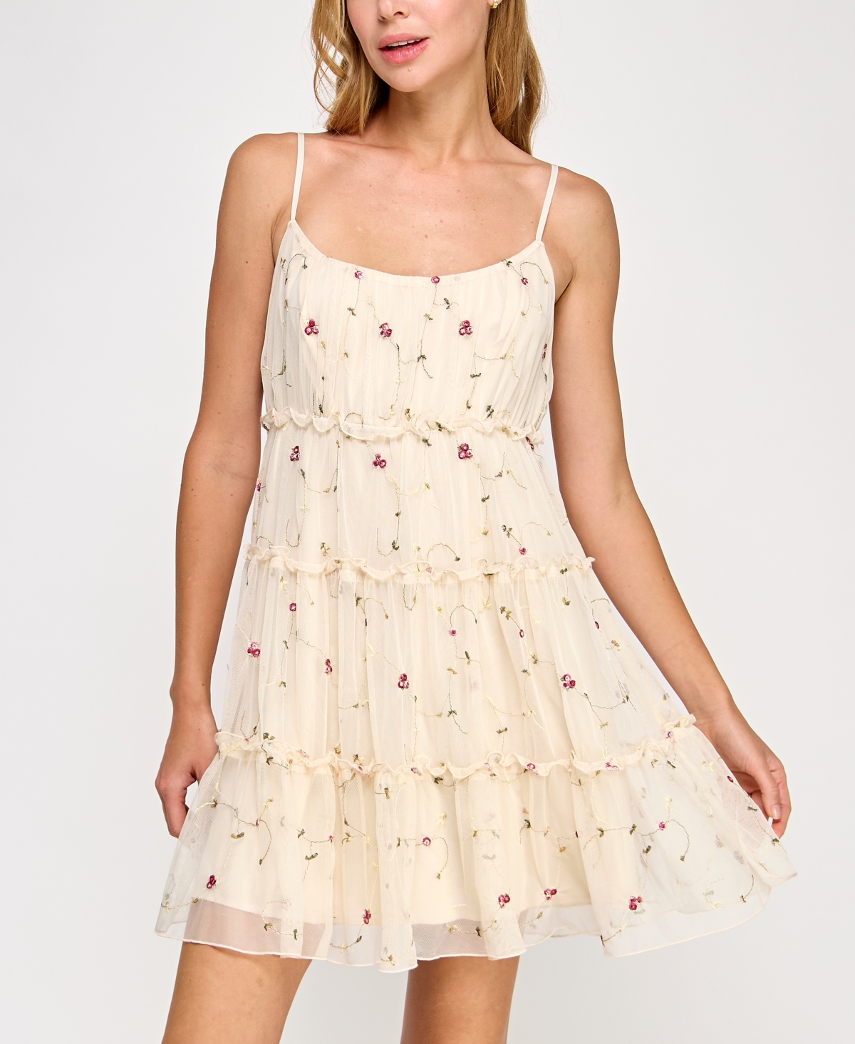 Juniors' Embroidered Sleeveless Mesh Dress - Ivory