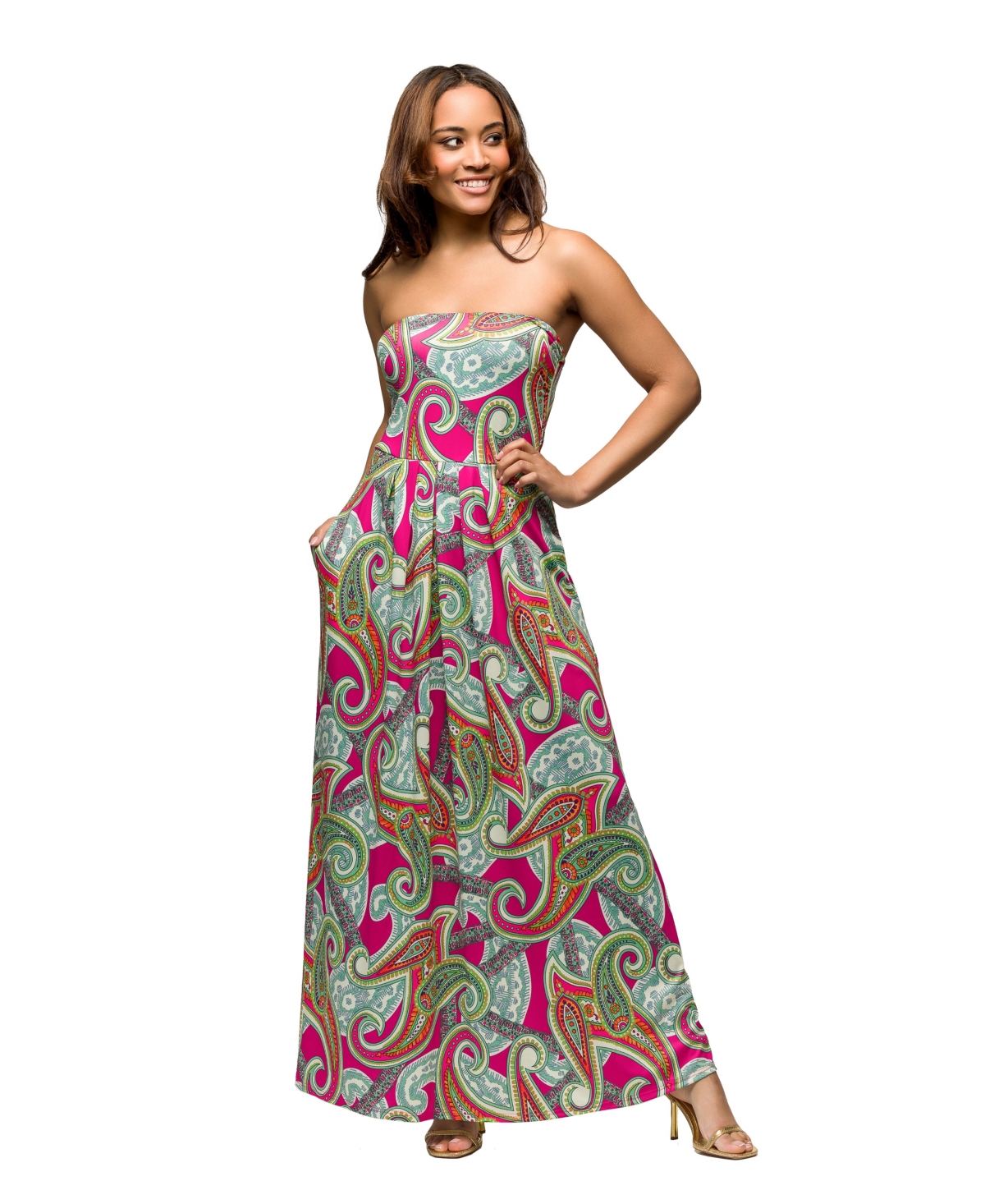 Shop 24seven Comfort Apparel Women's Pink Paisley A Line Strapless Maxi Dress With Pockets In Pink Multi