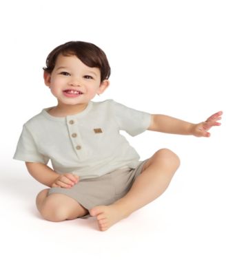 Baby Boys 2-Piece Slub Jersey Henley T-Shirt and Tonal Plaid Shorts Set