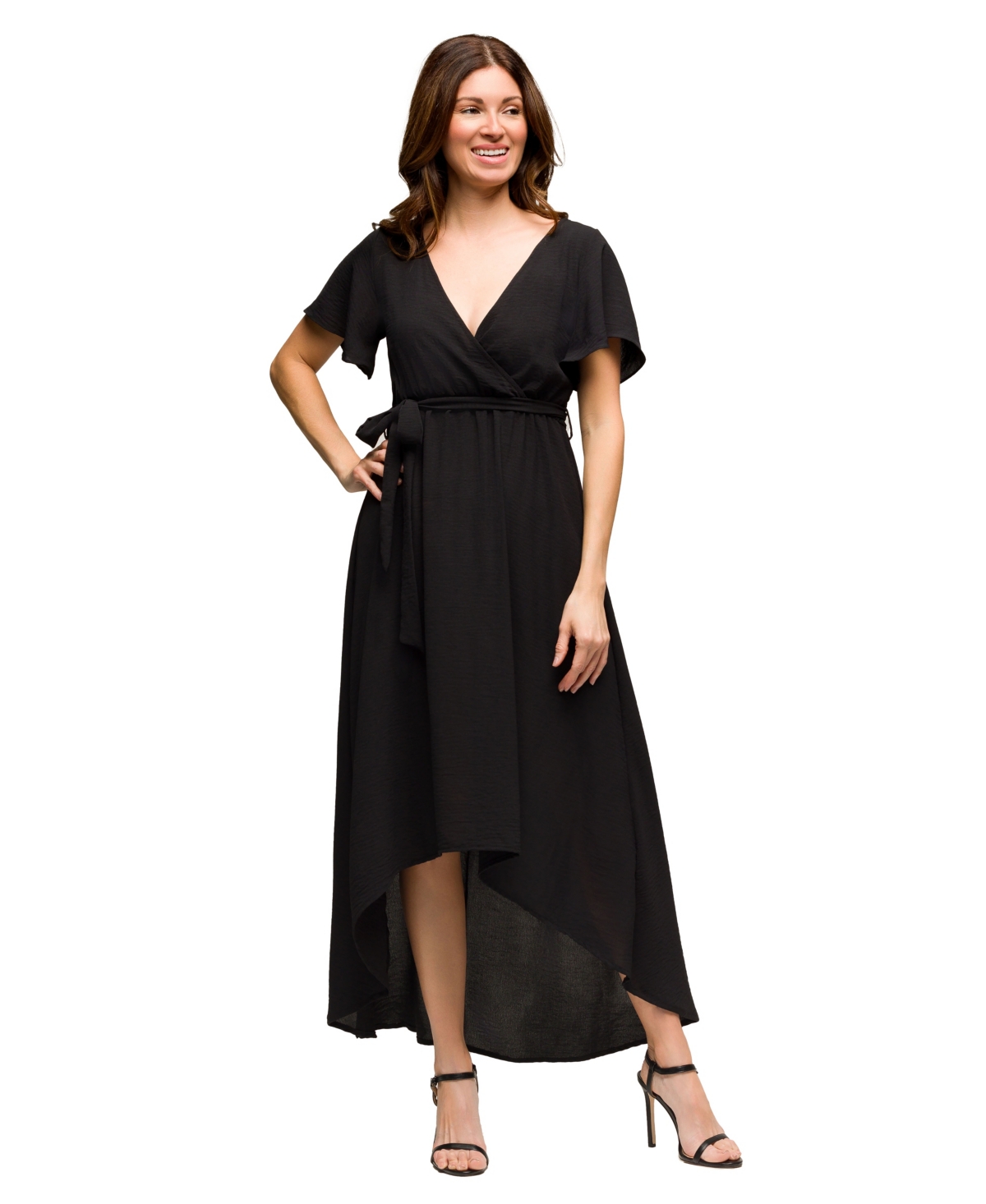 Women's V Neck Belted Faux Wrap High Low Dress - Black