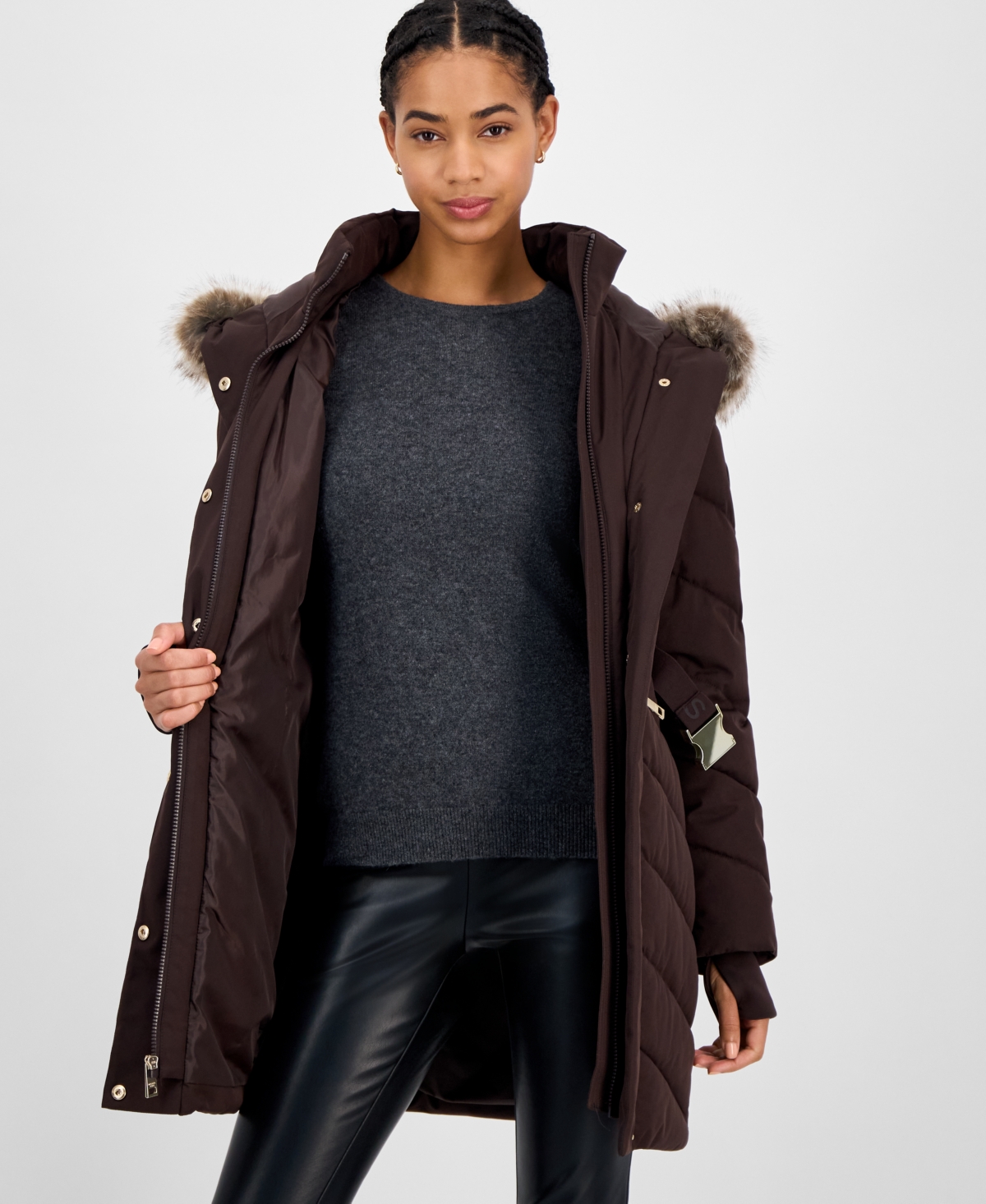 Michael Kors Michael  Women's Faux-fur-trim Hooded Belted Puffer Coat In Brown