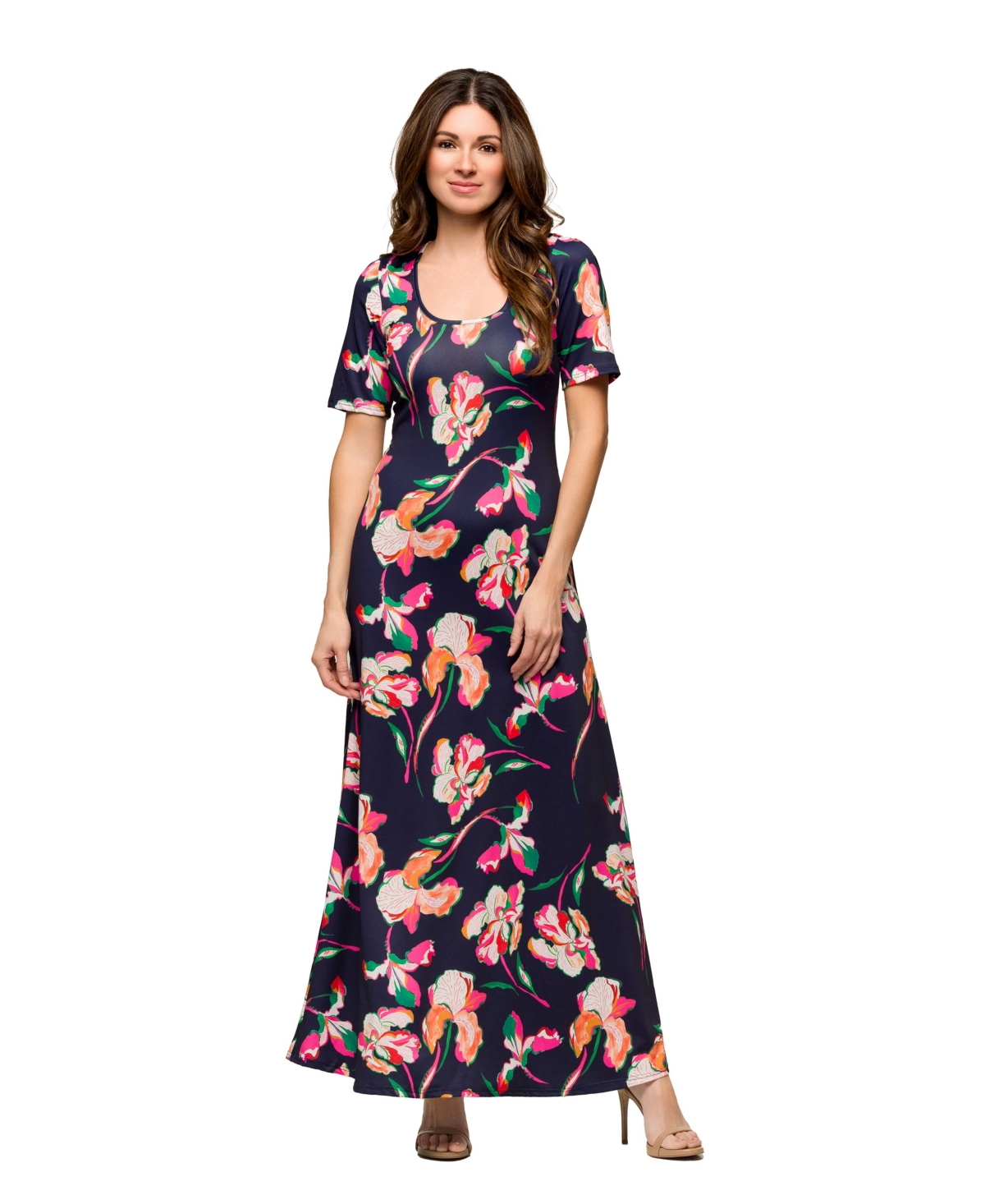24seven Comfort Apparel Maternity Navy Floral Print Elbow Sleeve Casual A-line Maxi Dress In Black