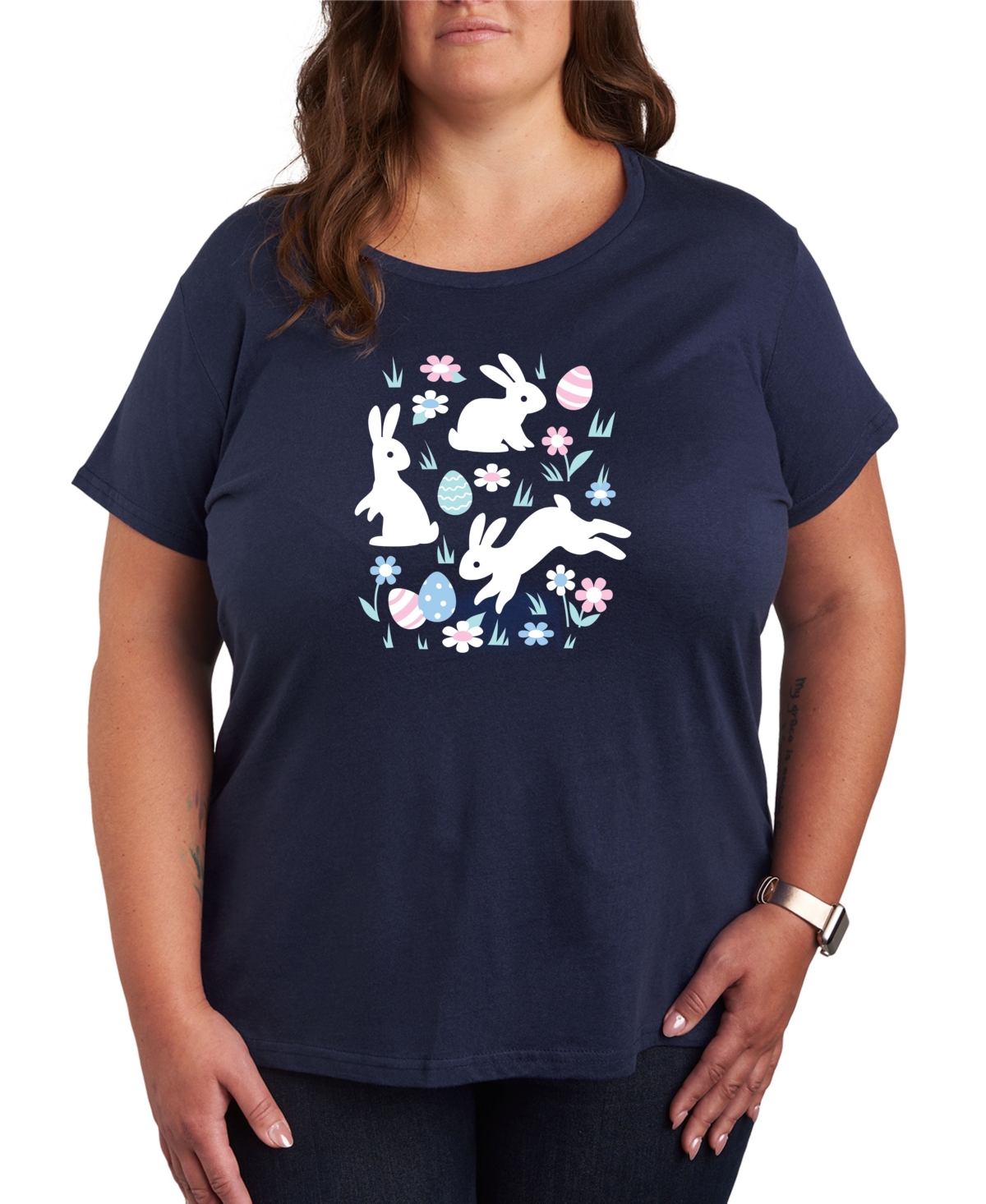 Plus Size Bunny Easter Graphic Crew Neck T-Shirt - Blue