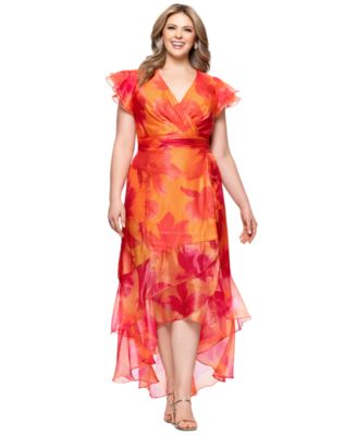 XSCAPE - Plus Size Floral-Print Chiffon High-Low Dress