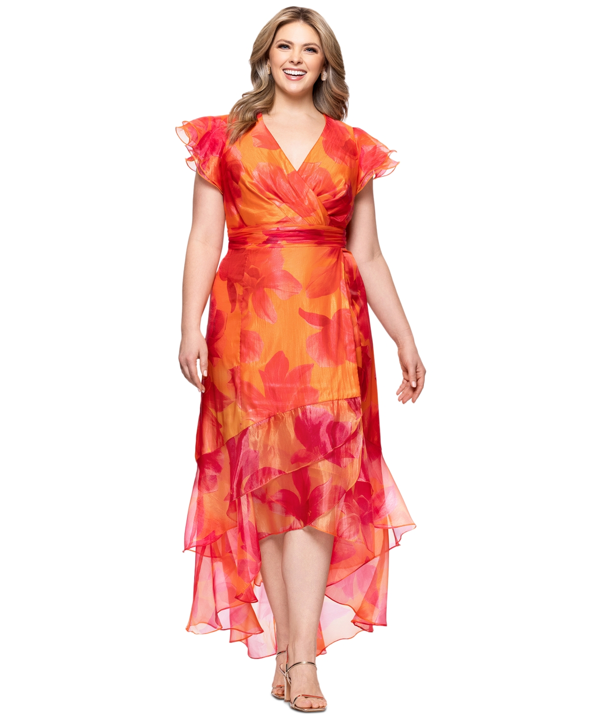 Plus Size Floral-Print Chiffon High-Low Dress - Coral/Pink