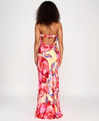 Juniors' Printed Open-Back Gown
