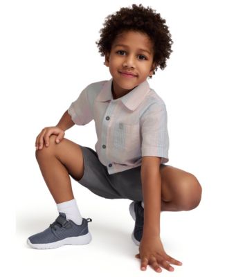 Toddler and Little Boys 2-Piece Striped Woven Button Front and Washed Twill Shorts Set